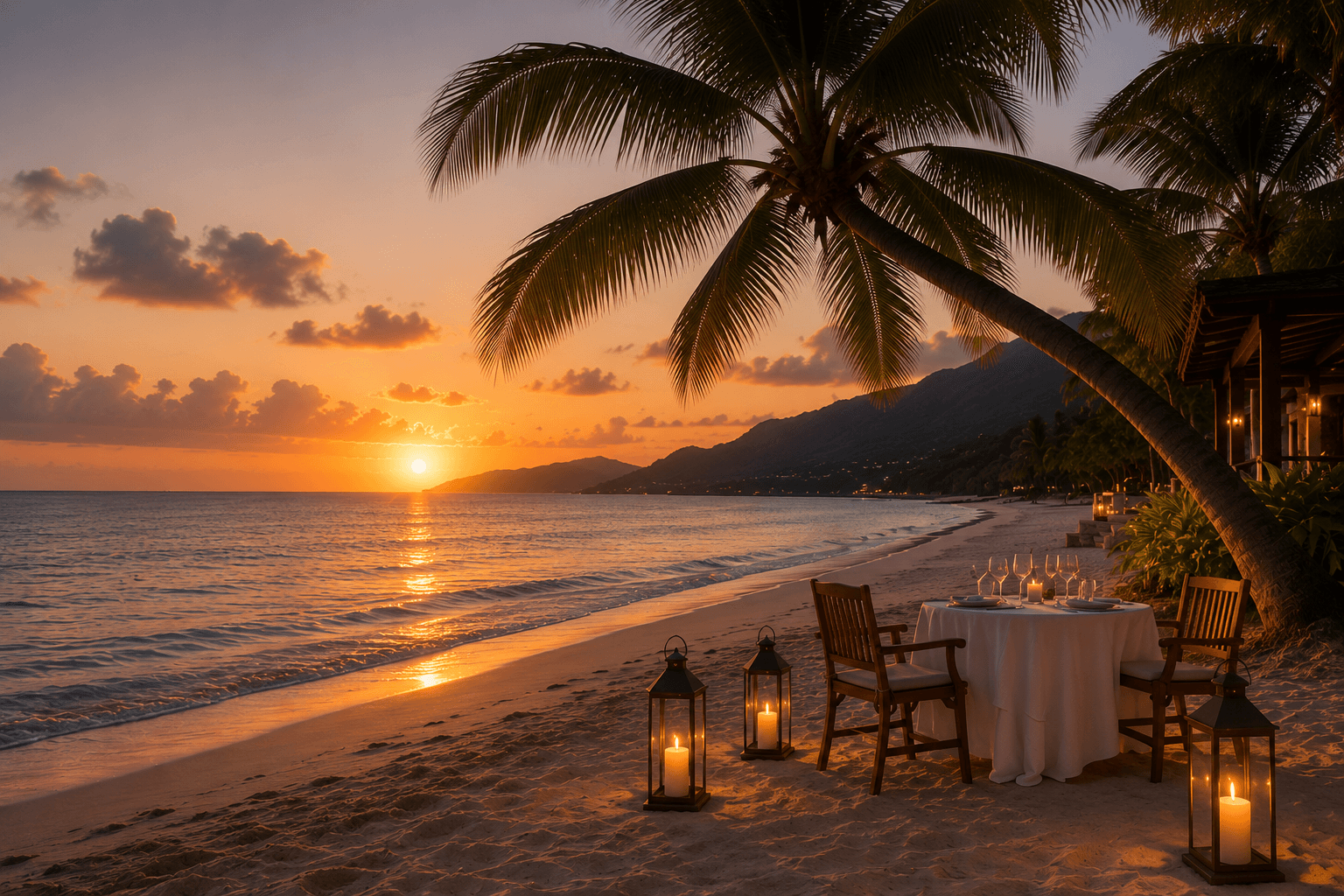 An elegant candlelit dinner set on a Caribbean beach at sunset.