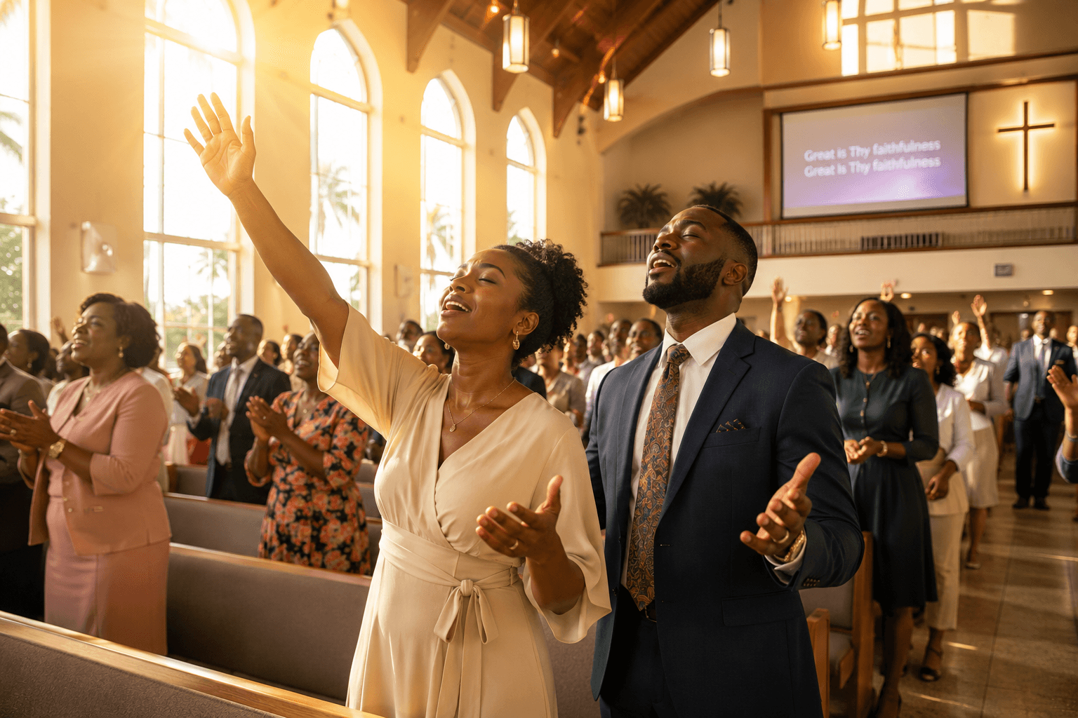 A Caribbean faith community gathered in worship with warm afternoon light.