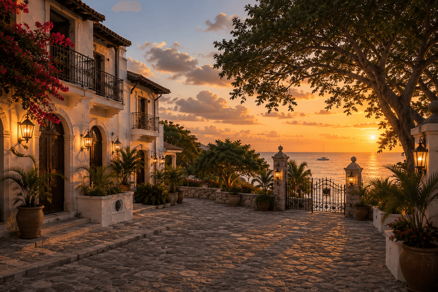 A refined Caribbean villa courtyard overlooking the ocean at sunset.