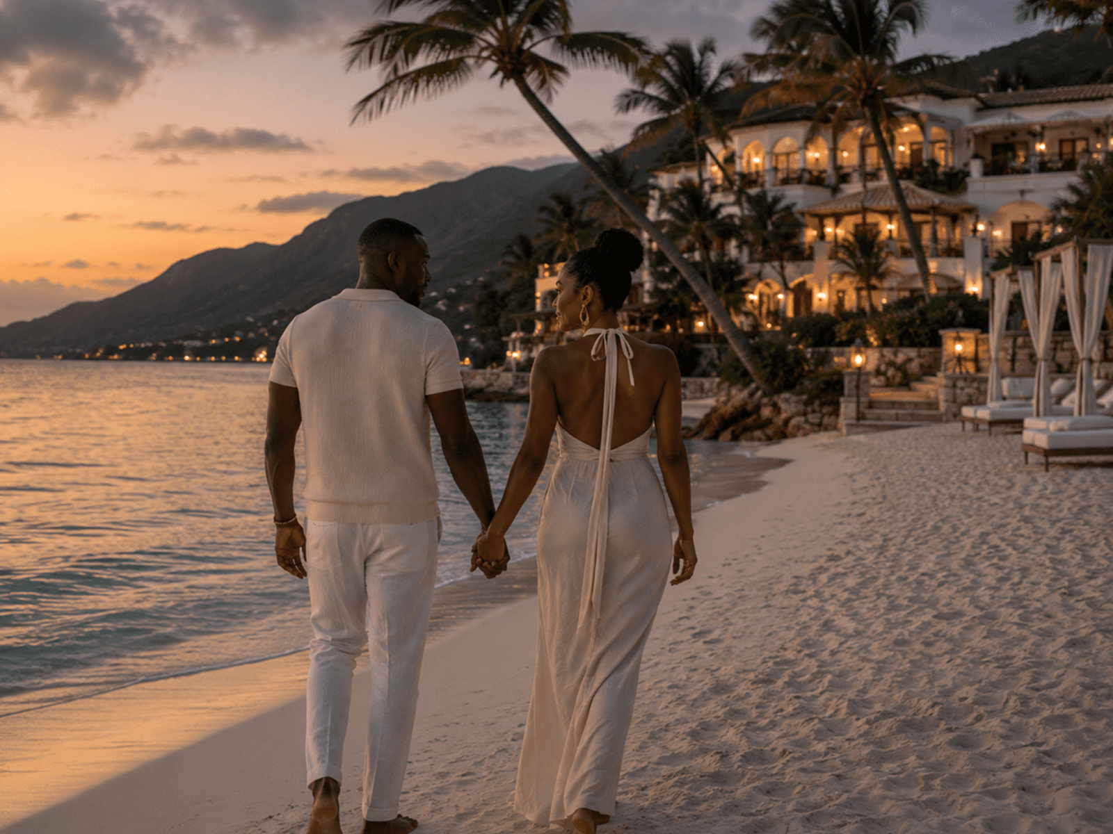 A couple standing together at a refined oceanfront sunset pavilion.