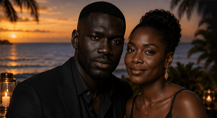 Kwame and Naima seated together at an elegant Caribbean sunset.